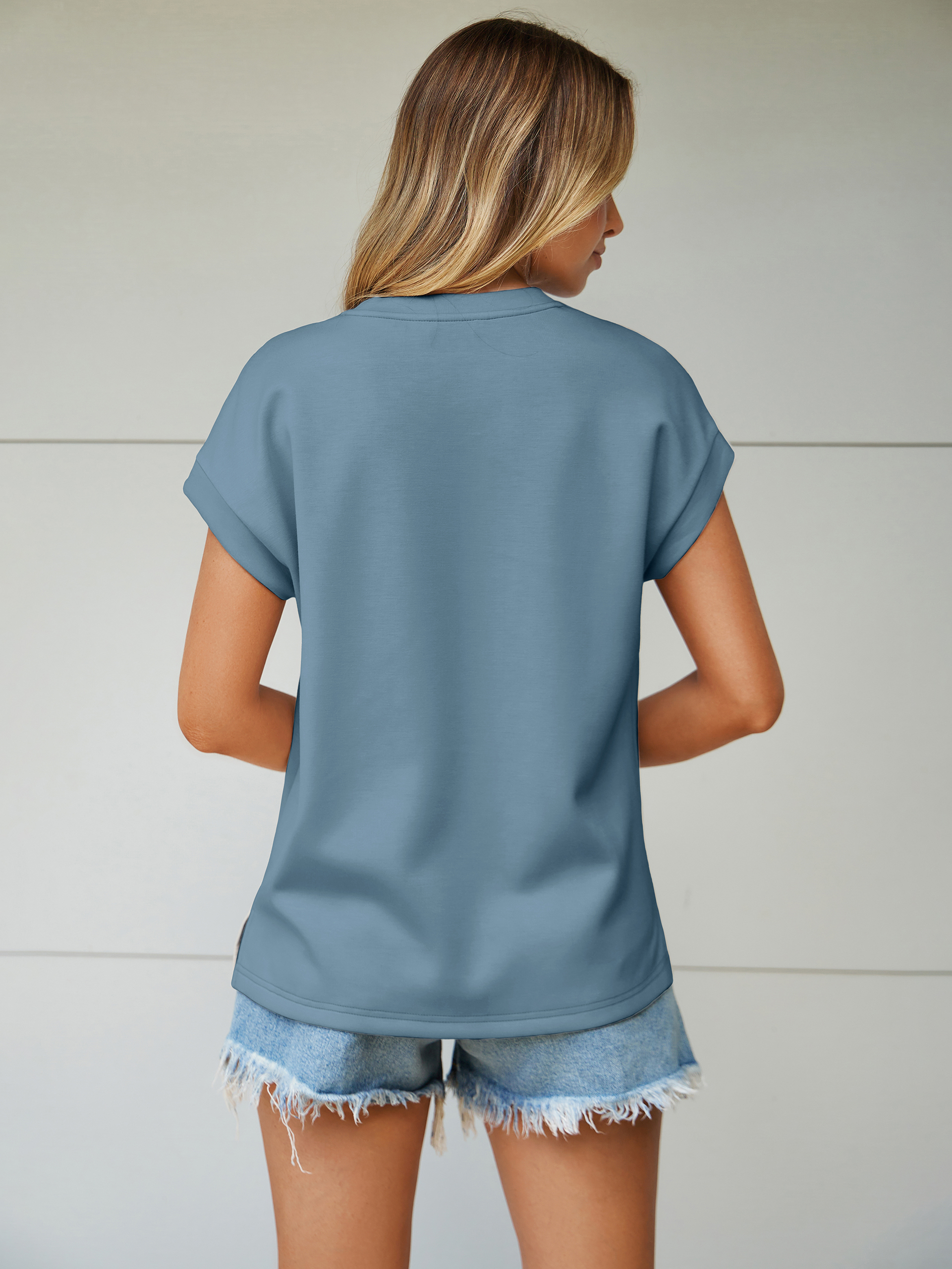 Round Neck Cap Sleeve Solid T-Shirt - Grey Blue