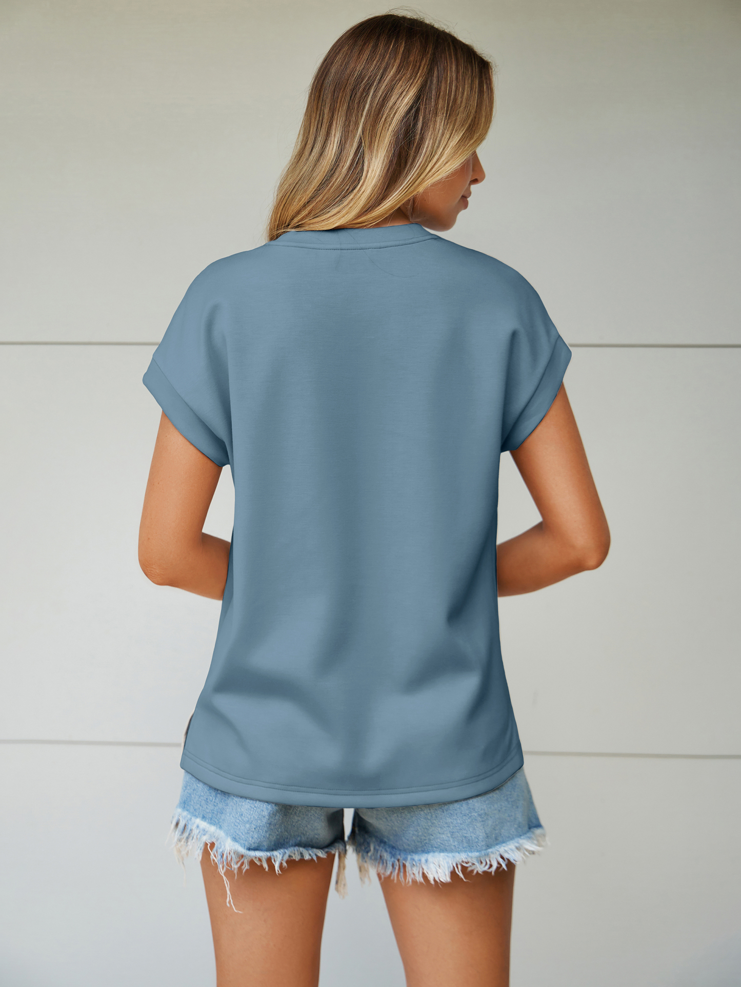 Round Neck Cap Sleeve Solid T-Shirt - Grey Blue