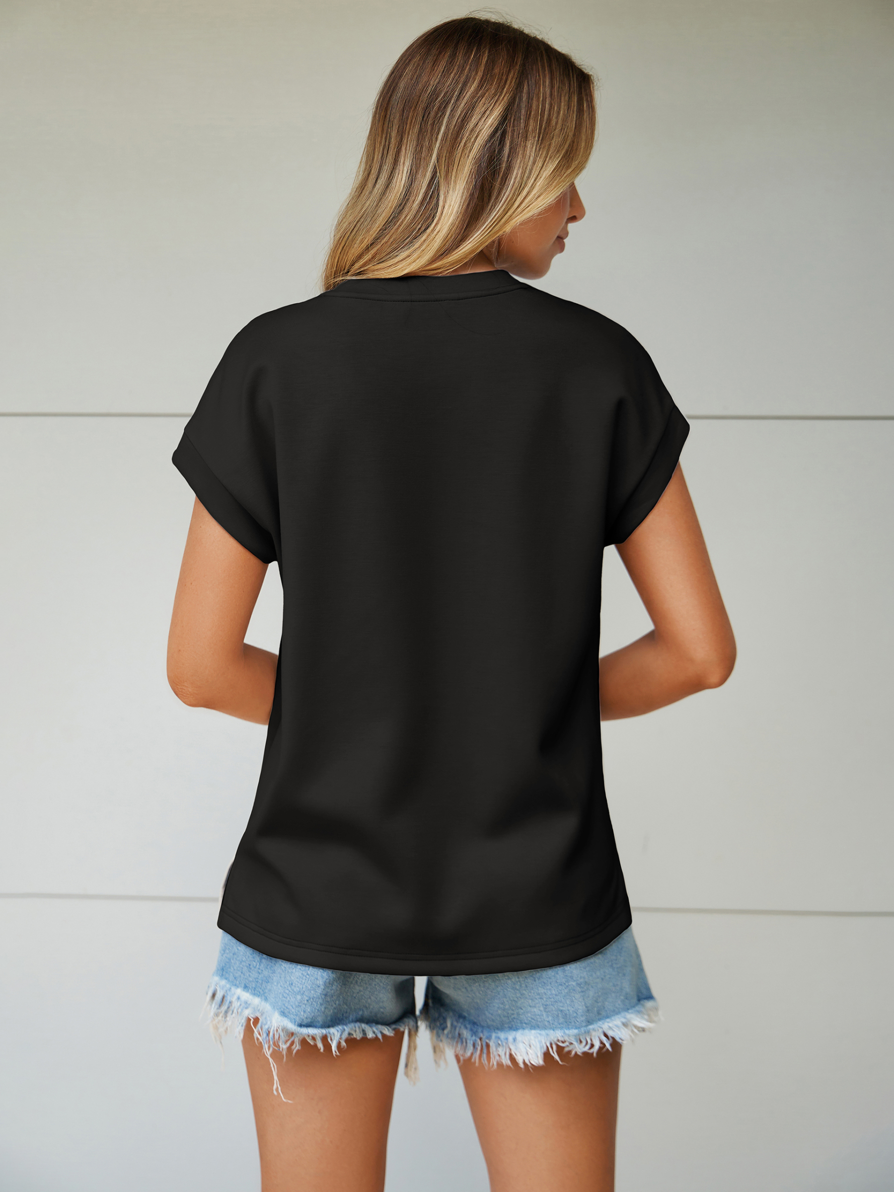Round Neck Cap Sleeve Solid T-Shirt - Black