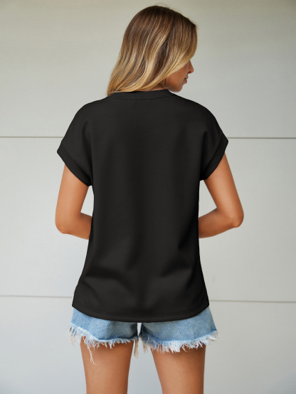 Round Neck Cap Sleeve Solid T-Shirt - Black