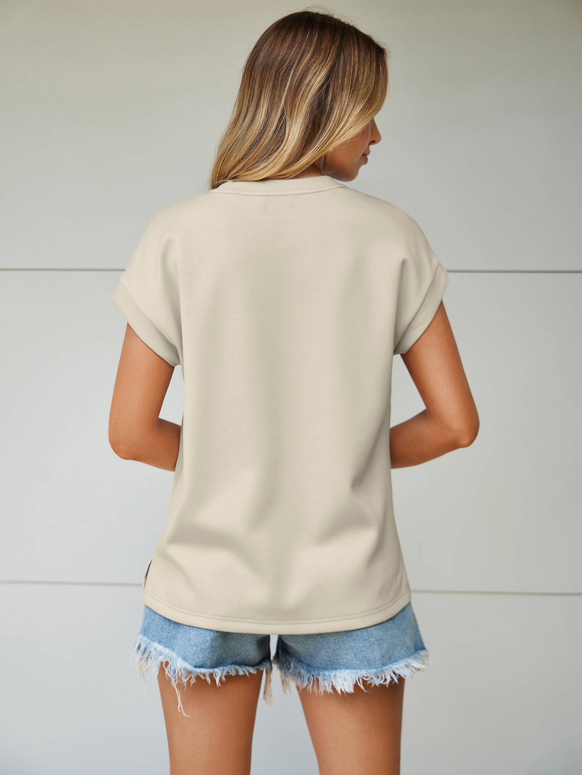 Round Neck Cap Sleeve Solid T-Shirt - Light Khaki