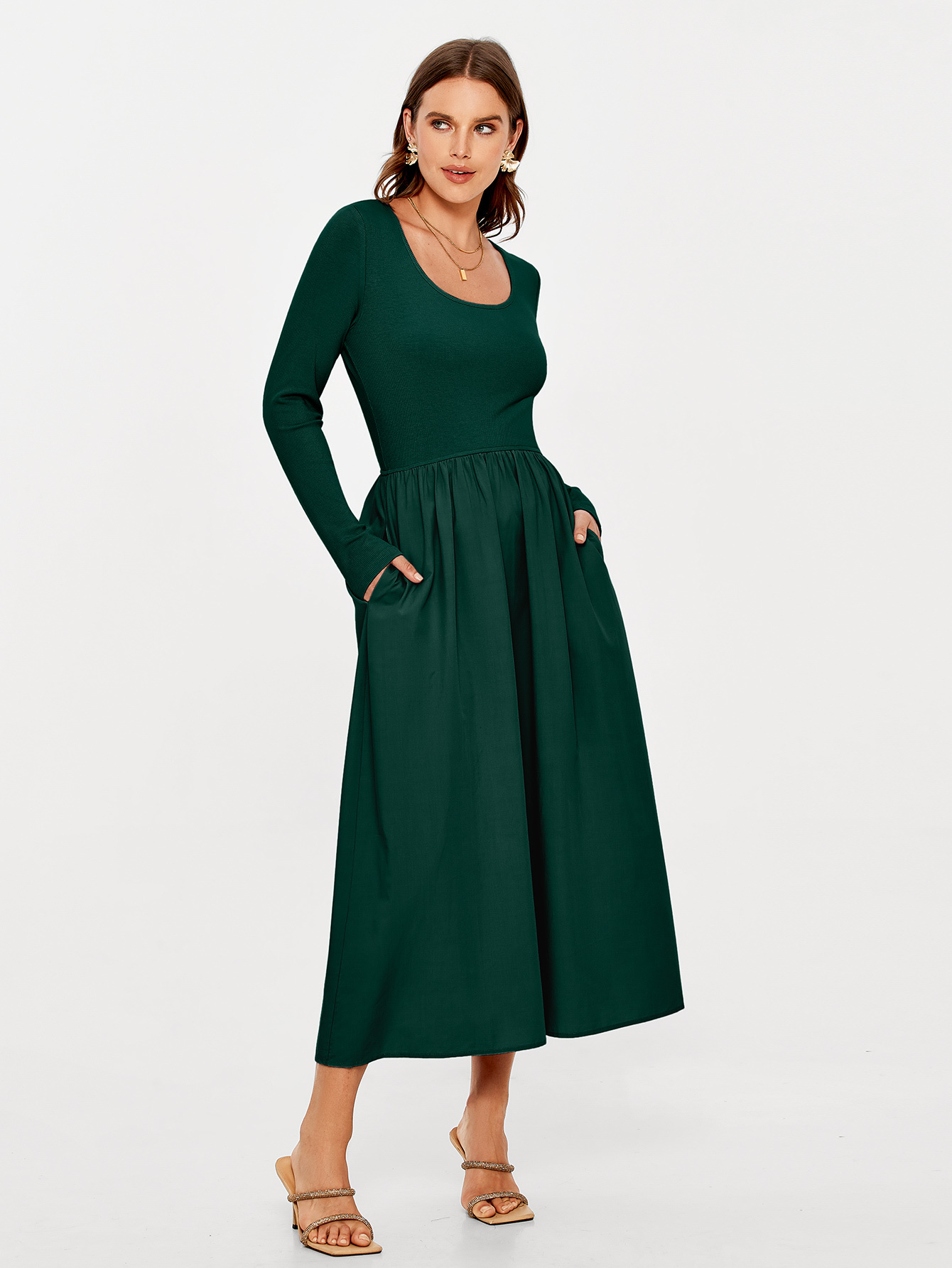 Knit Long Sleeve Midi Dress with Side Pockets