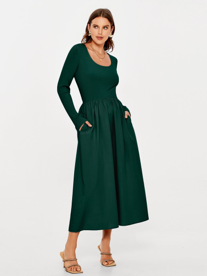 Knit Long Sleeve Midi Dress with Side Pockets