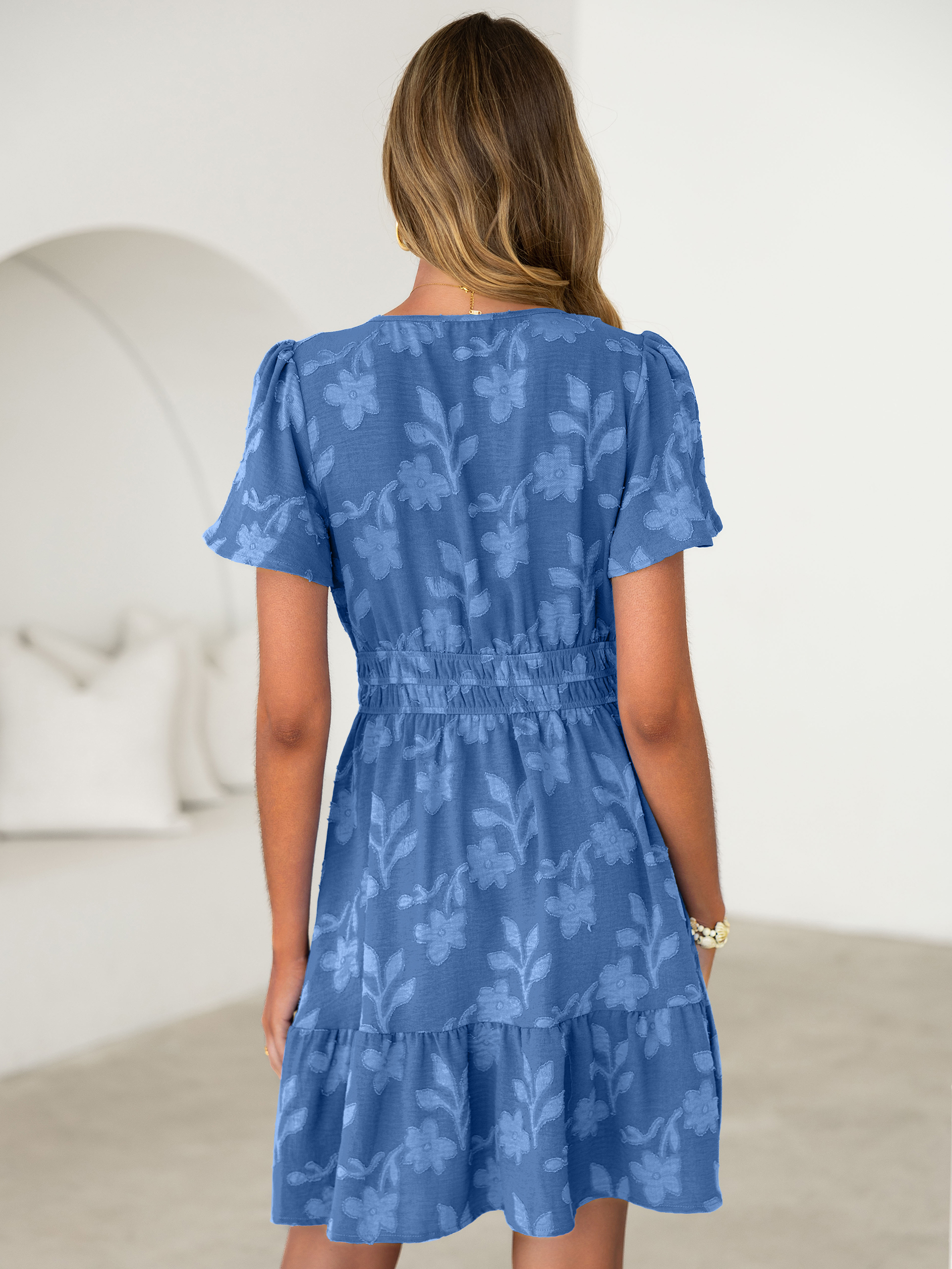 Floral Jacquard V Neck Short Sleeve Mini Dress