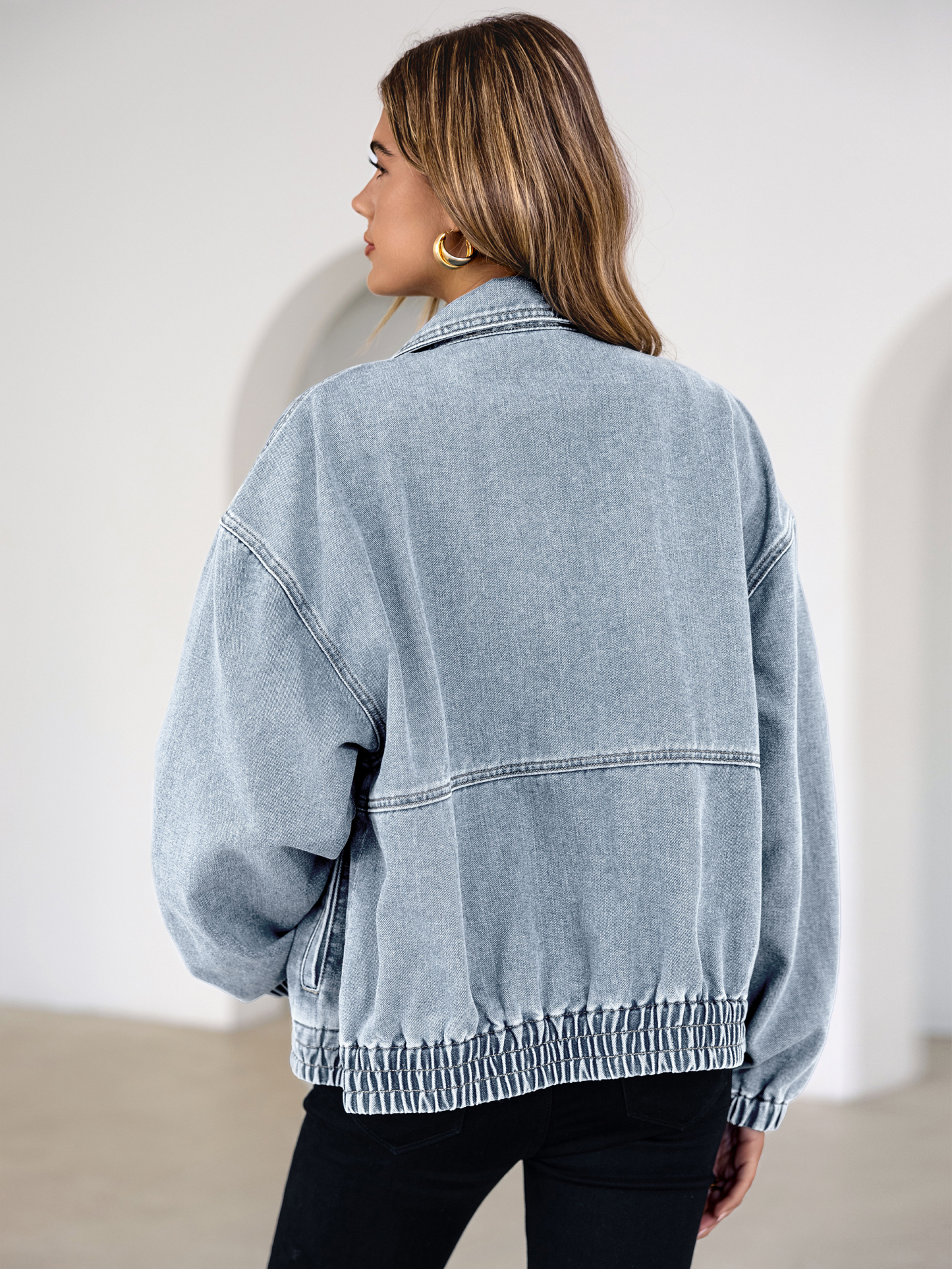 Classic Zip-Up Denim Bomber Jacket with Pockets