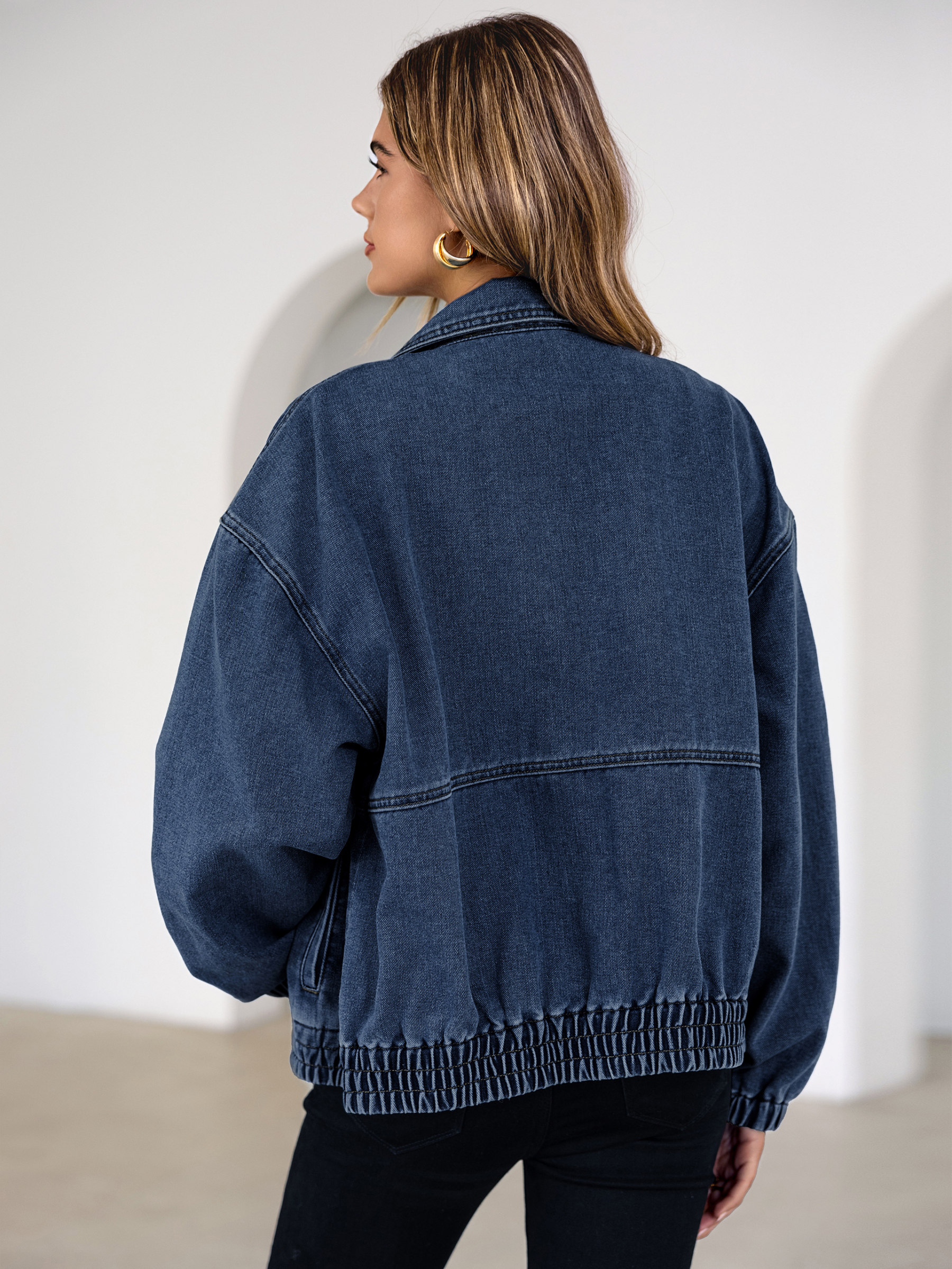 Classic Zip-Up Denim Bomber Jacket with Pockets