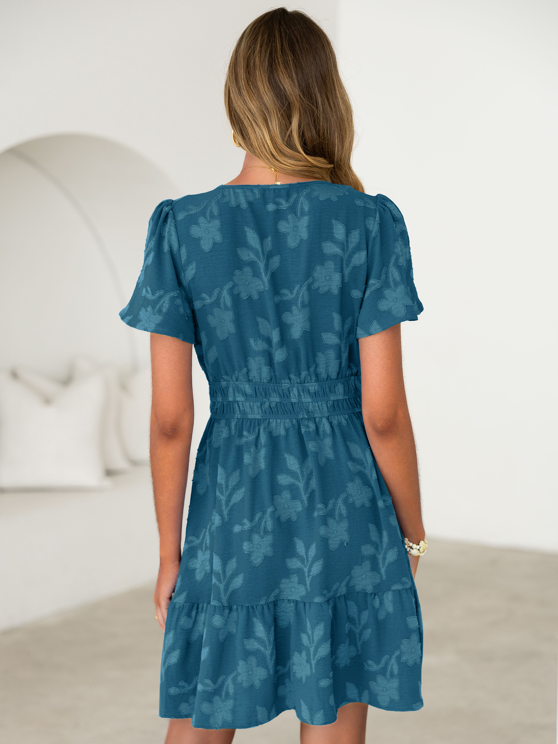 Floral Jacquard V Neck Short Sleeve Mini Dress