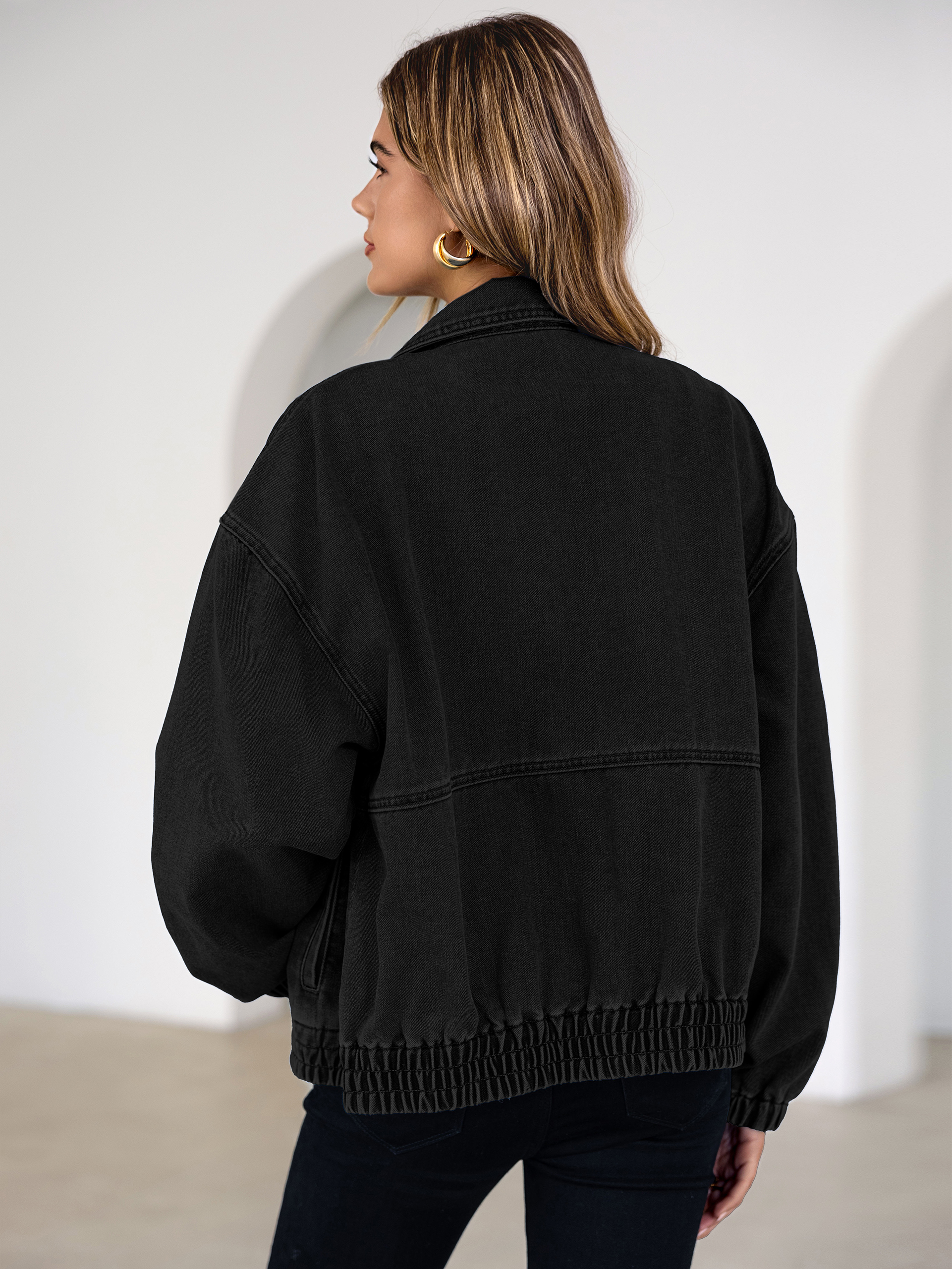 Classic Zip-Up Denim Bomber Jacket with Pockets