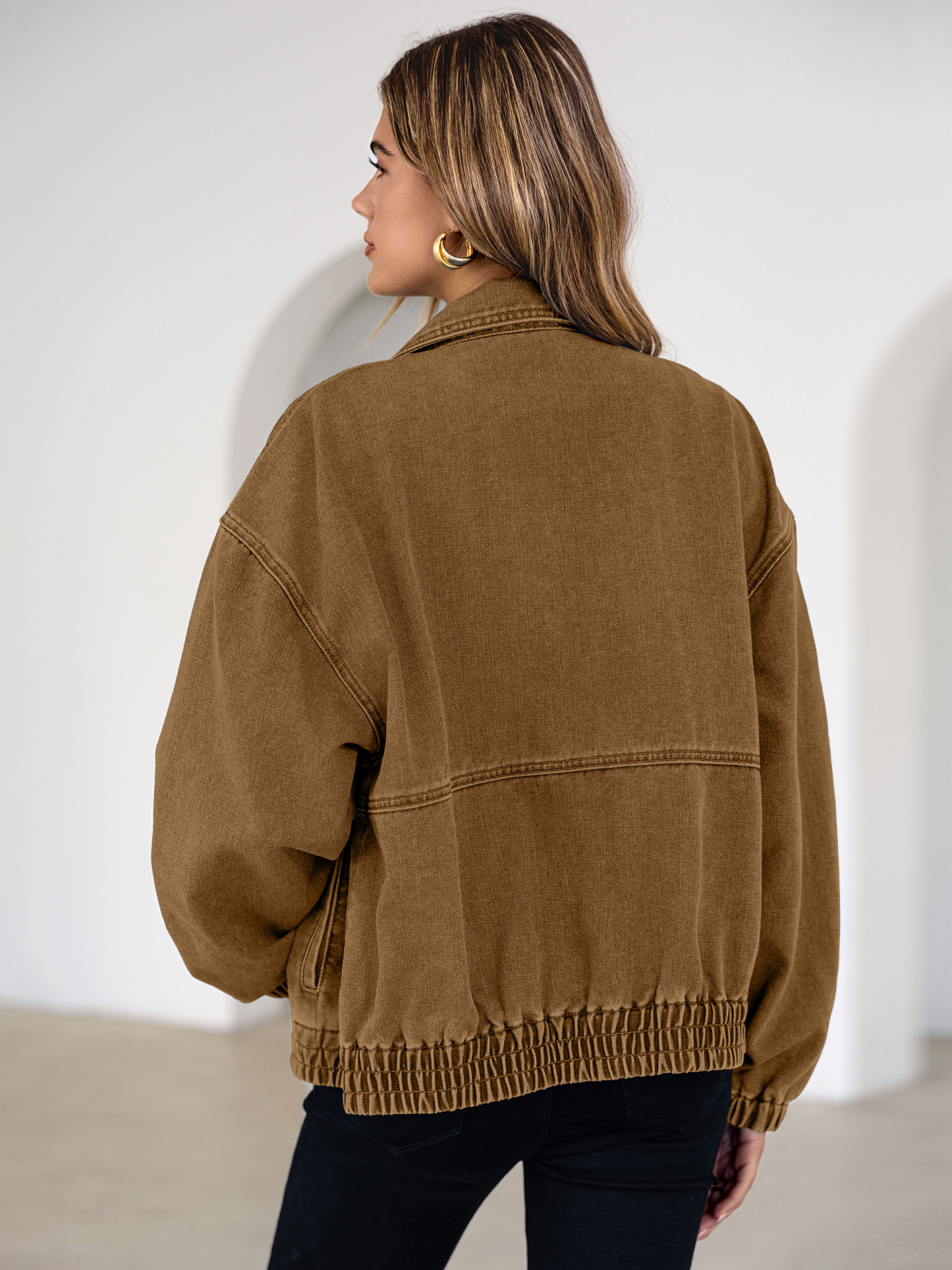 Classic Zip-Up Denim Bomber Jacket with Pockets