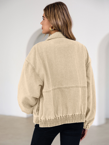 Classic Zip-Up Denim Bomber Jacket with Pockets