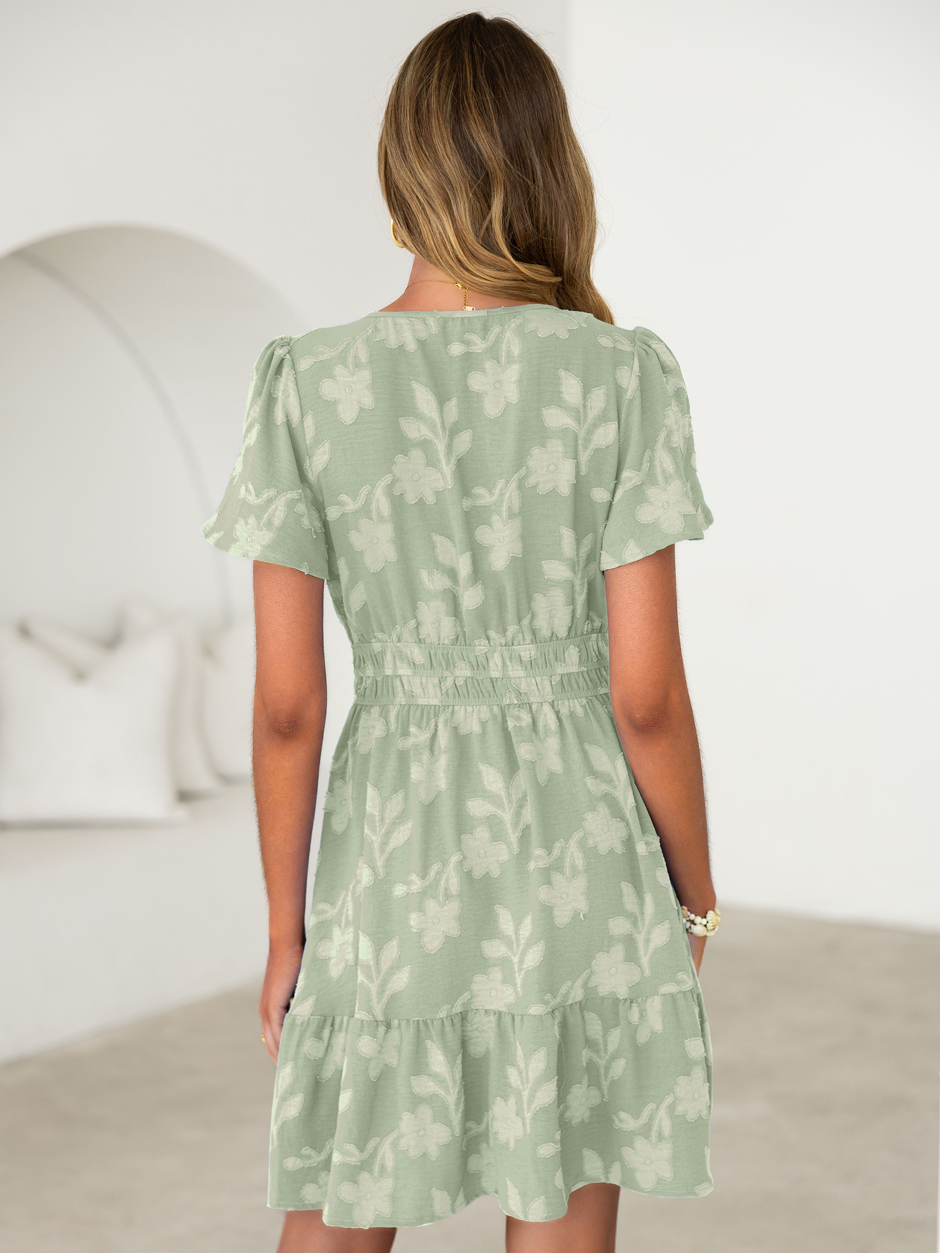 Floral Jacquard V Neck Short Sleeve Mini Dress