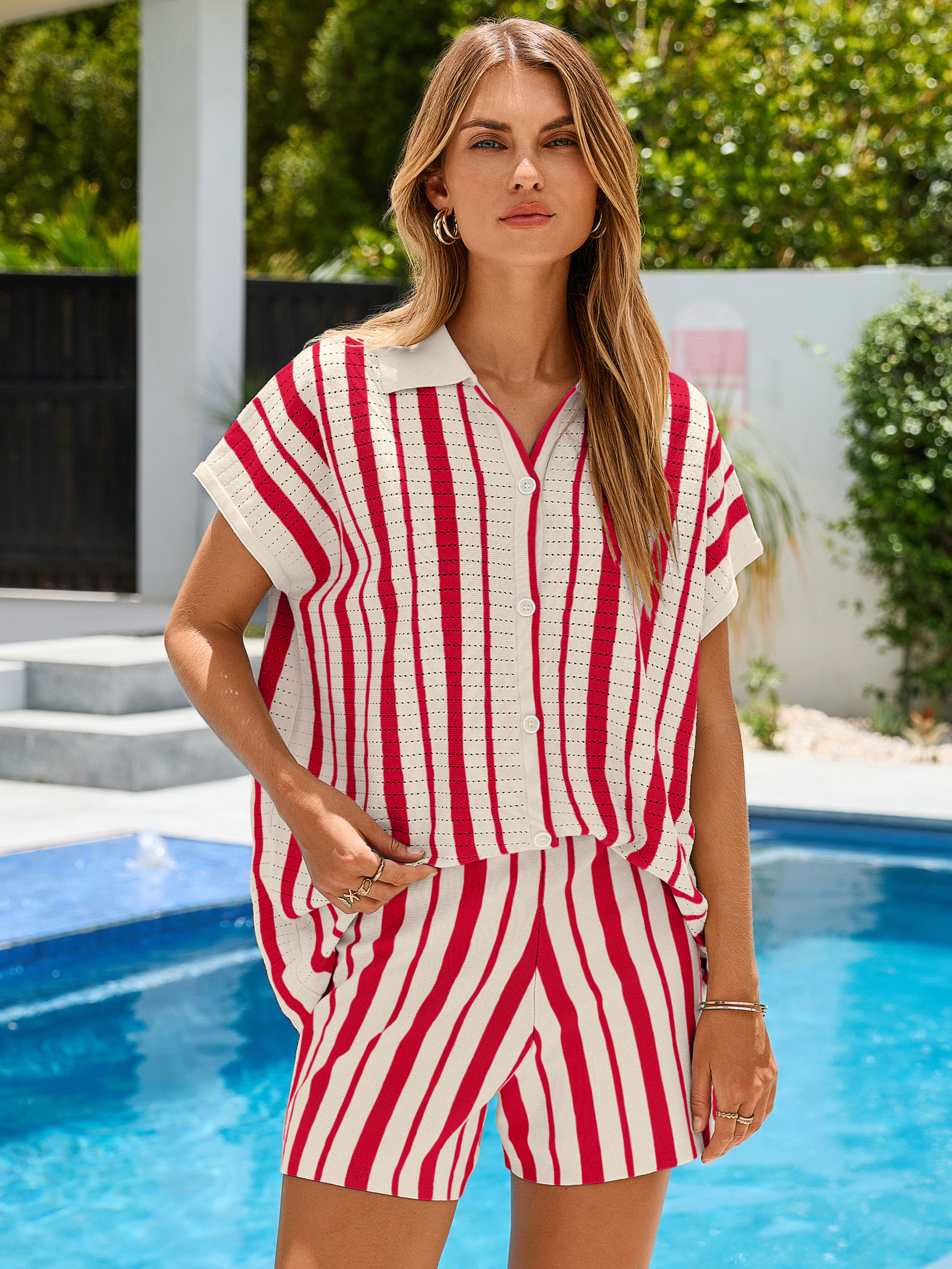 Striped Crochet Knit Shirt and Shorts 2-Piece Set