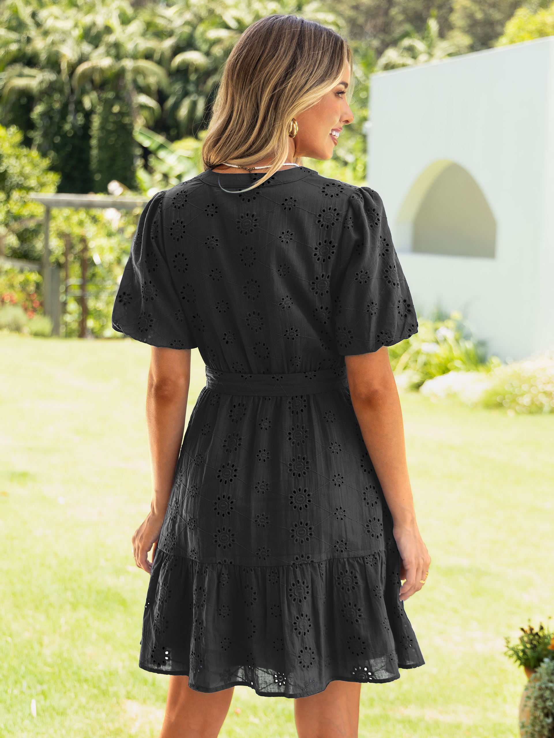 Eyelet Embroidery V-Neck Puff Sleeve Mini Dress