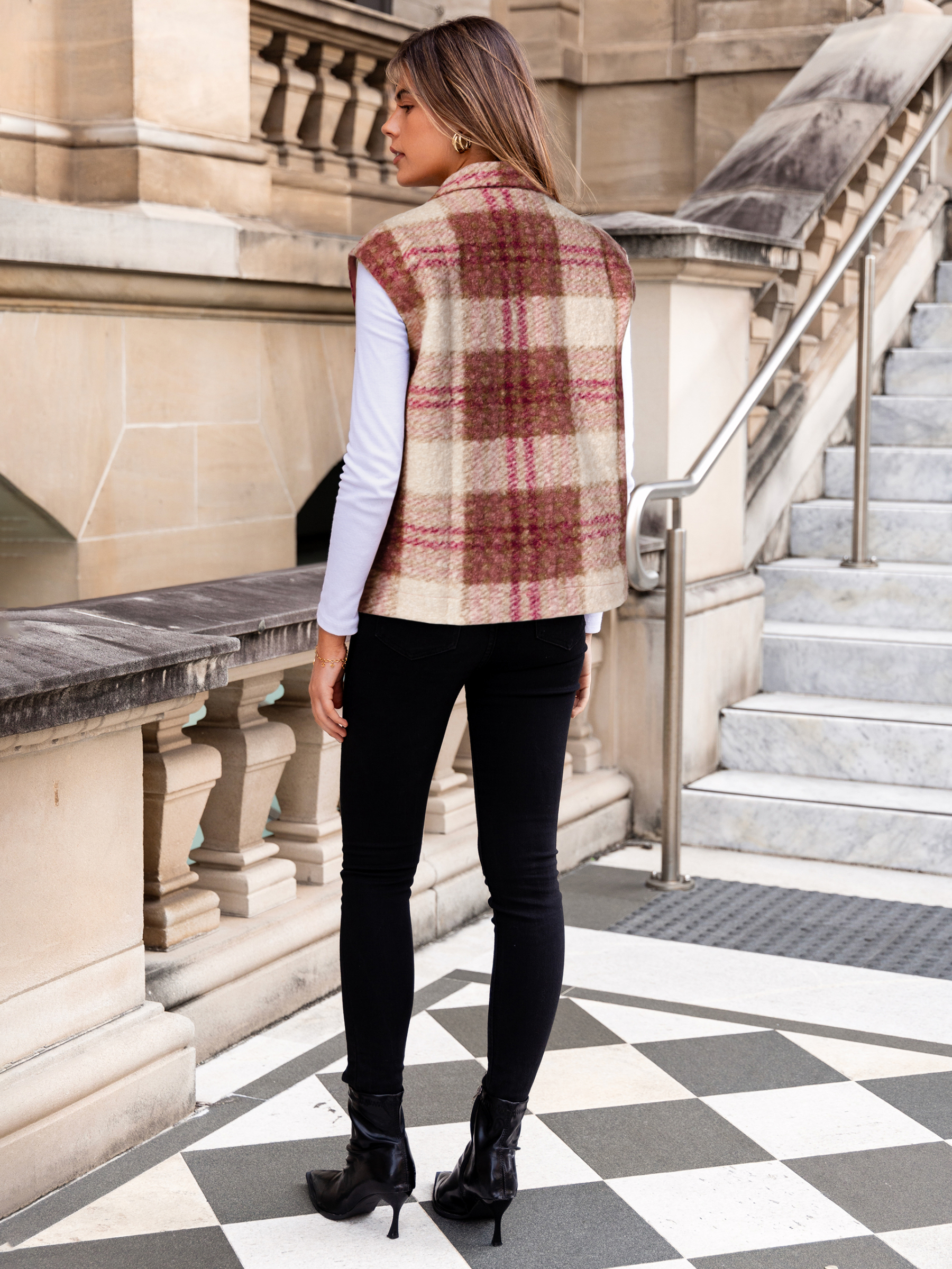 Plaid Faux Fur Sleeveless Button Up Fleece Vest - Plaid Pink