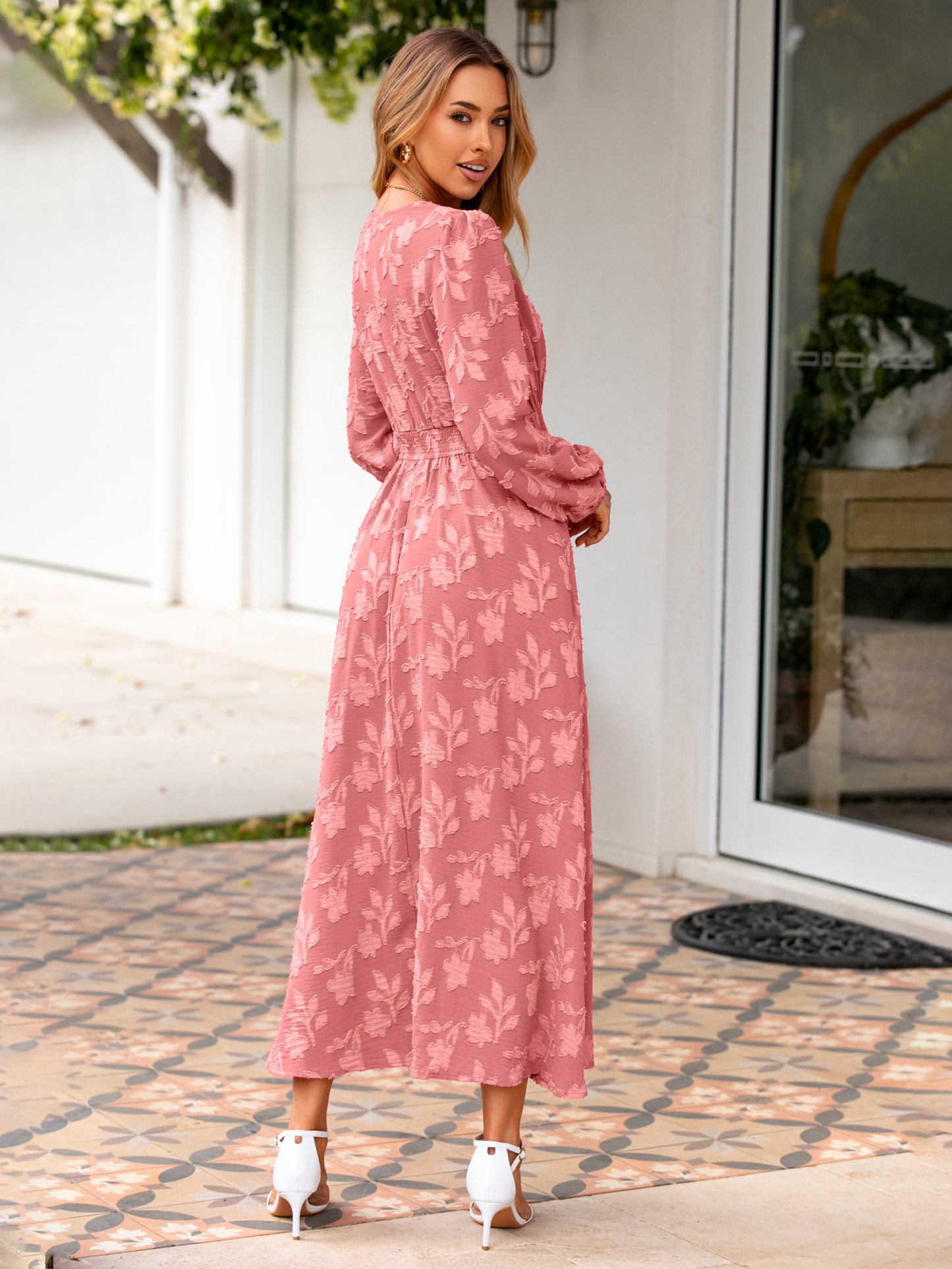 Boho Floral V Neck Empire Waist Maxi Dress - Rust Pink