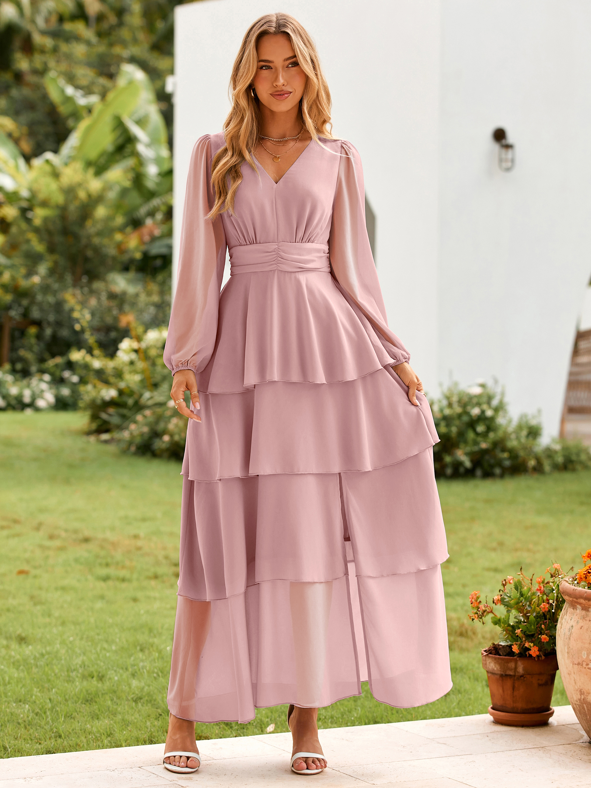 Chiffon Tiered Ruffle Wedding Guest Maxi Dress - Pink