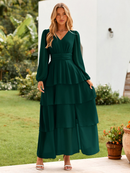 Chiffon Tiered Ruffle Wedding Guest Maxi Dress - Dark Green