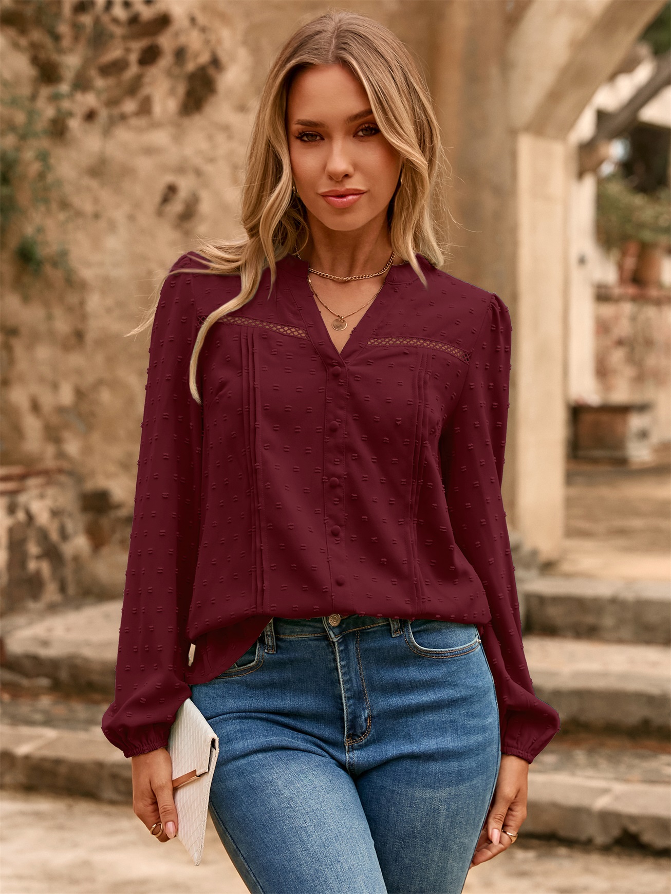 Lace Trim V Neck Swiss Dot Blouse - Dark Red