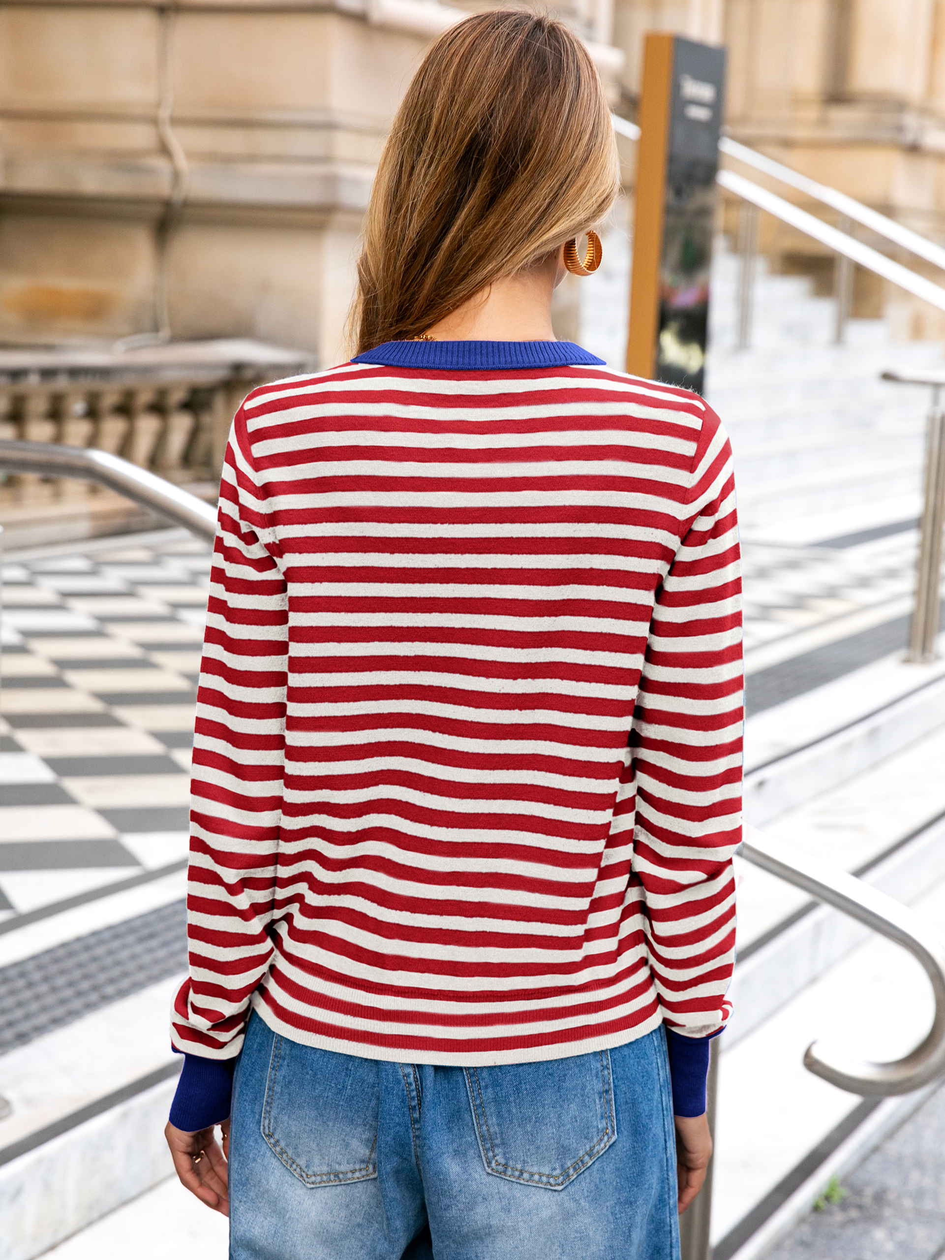 Striped Cropped Button Down Knit Cardigan - Stripe Blue Red