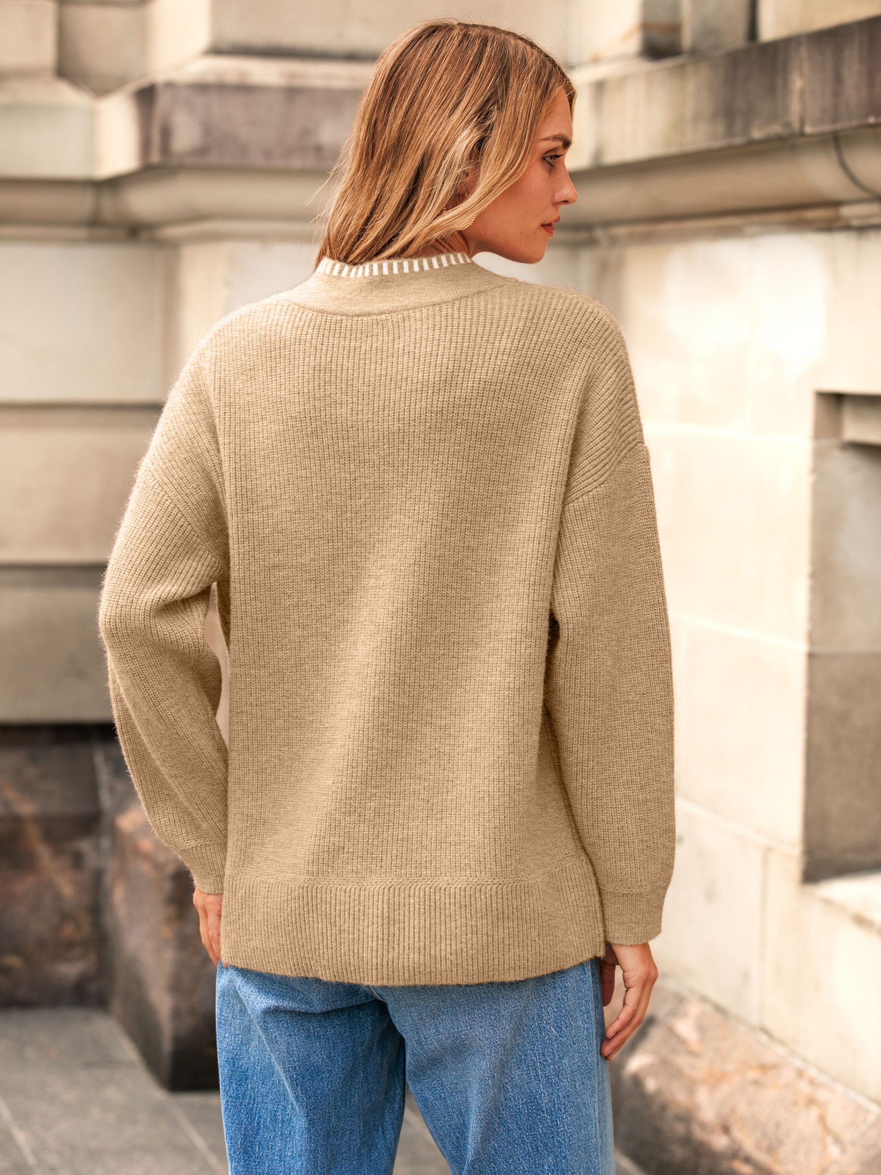 V-Neck Button Up Chunky Oversized Crochet Cardigan - Khaki