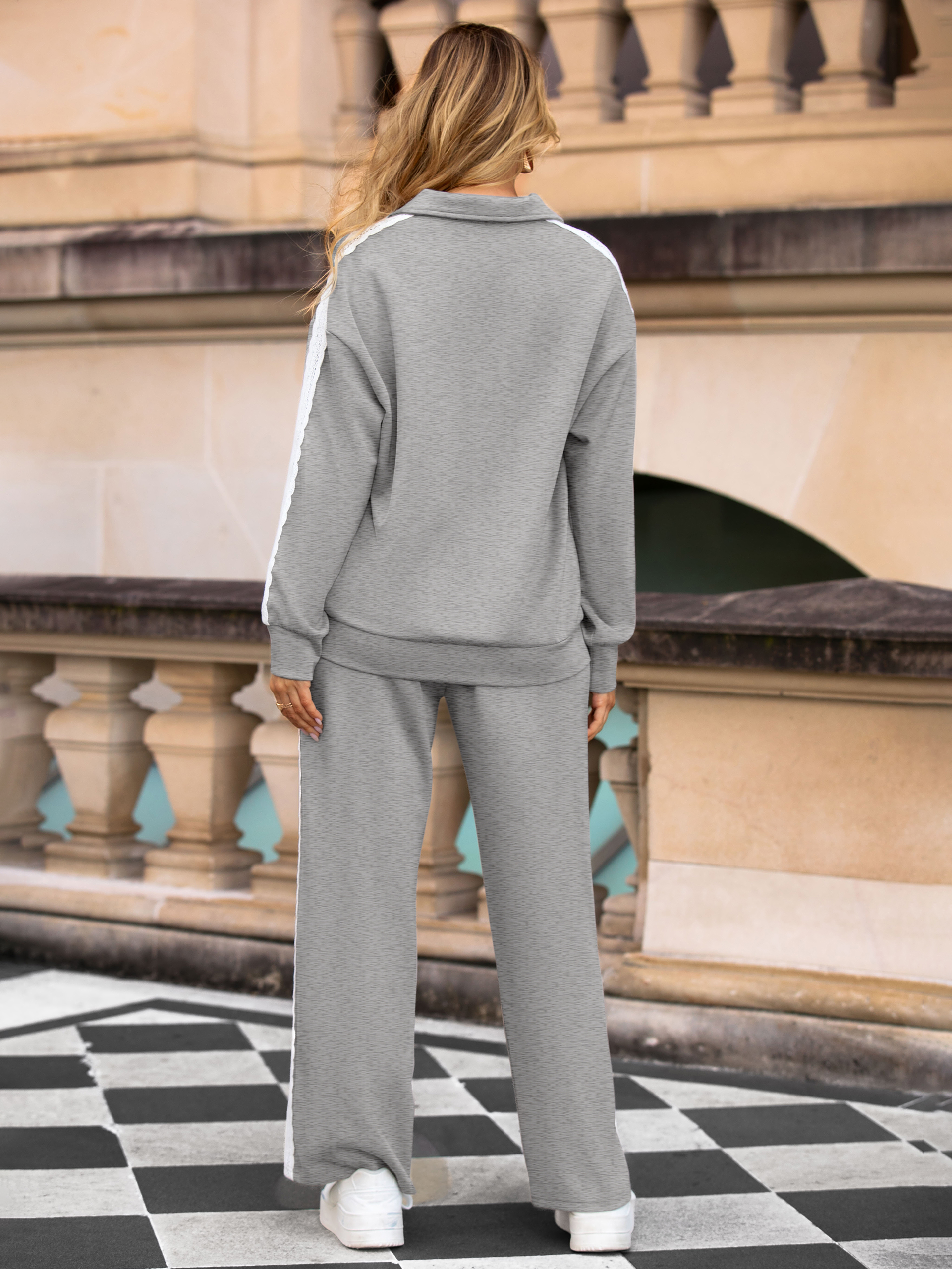 Lace Polo Sweatshirt Two Piece Wide Leg Set - Grey