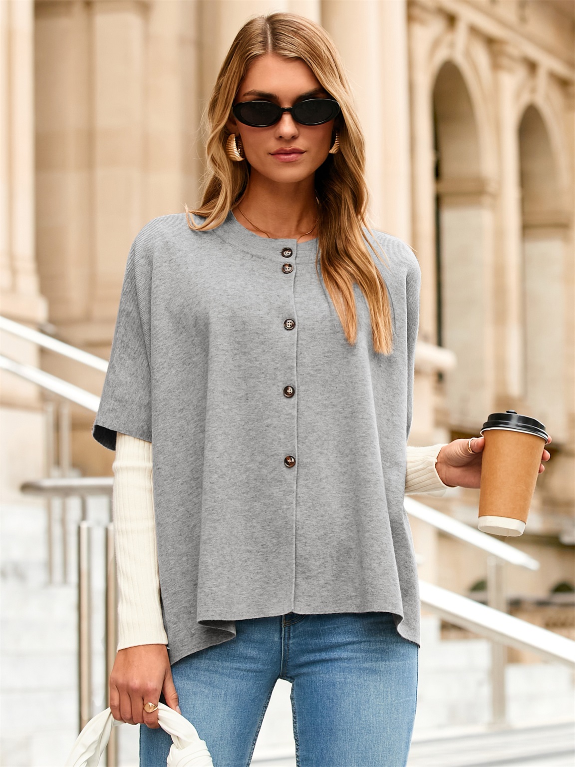 Oversized Batwing Sleeves Knit Cardigan Sweater - Grey
