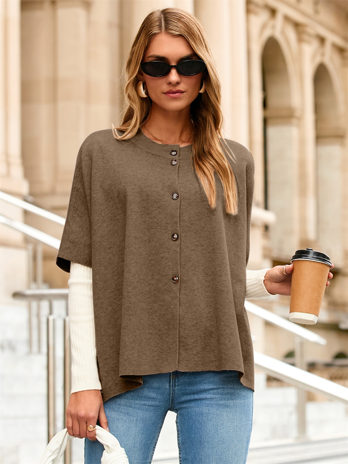 Oversized Batwing Sleeves Knit Cardigan Sweater - Coffee Brown