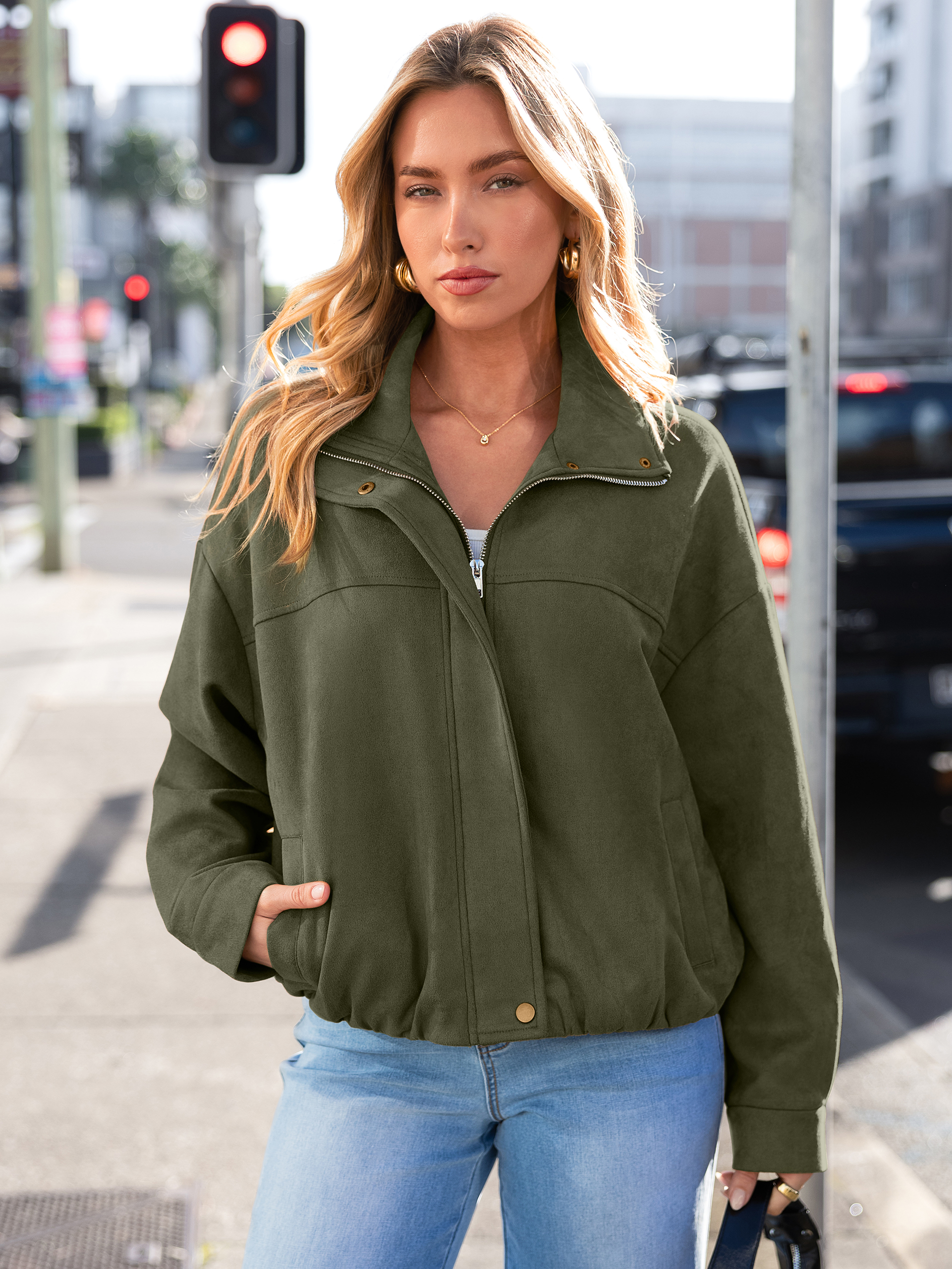 Casual Lapel Zip Front Faux Suede Bomber Jacket