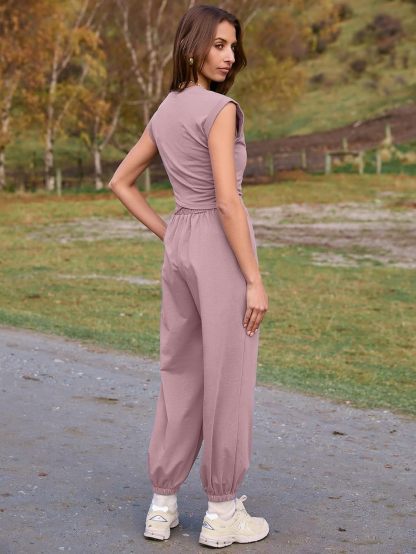 Soft Cotton Blend Athletic Two Piece Lounge Set - Nutmeg