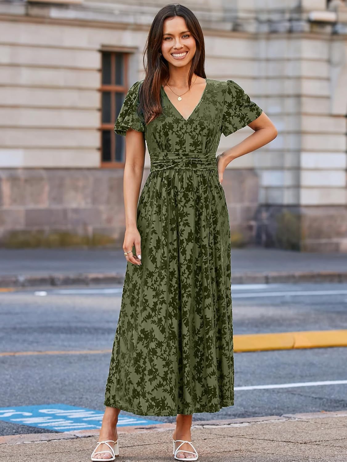 Velvet Floral Slit V-Neck Flutter Sleeve Maxi Dress - Glamaker