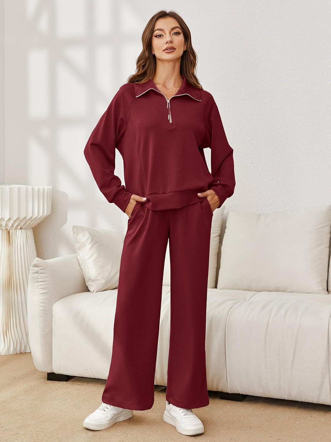 Oversized Half Zip Sweatshirt Wide Leg Pants Set - Burgundy