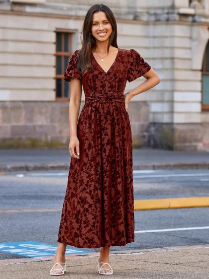 Velvet Floral Slit V-Neck Flutter Sleeve Maxi Dress - Rust