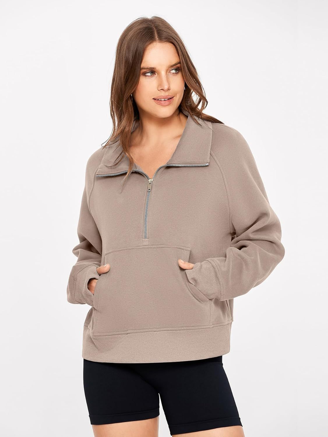 Half Zip Fleece Pullover Sweatshirt with Pockets - Coffee Grey