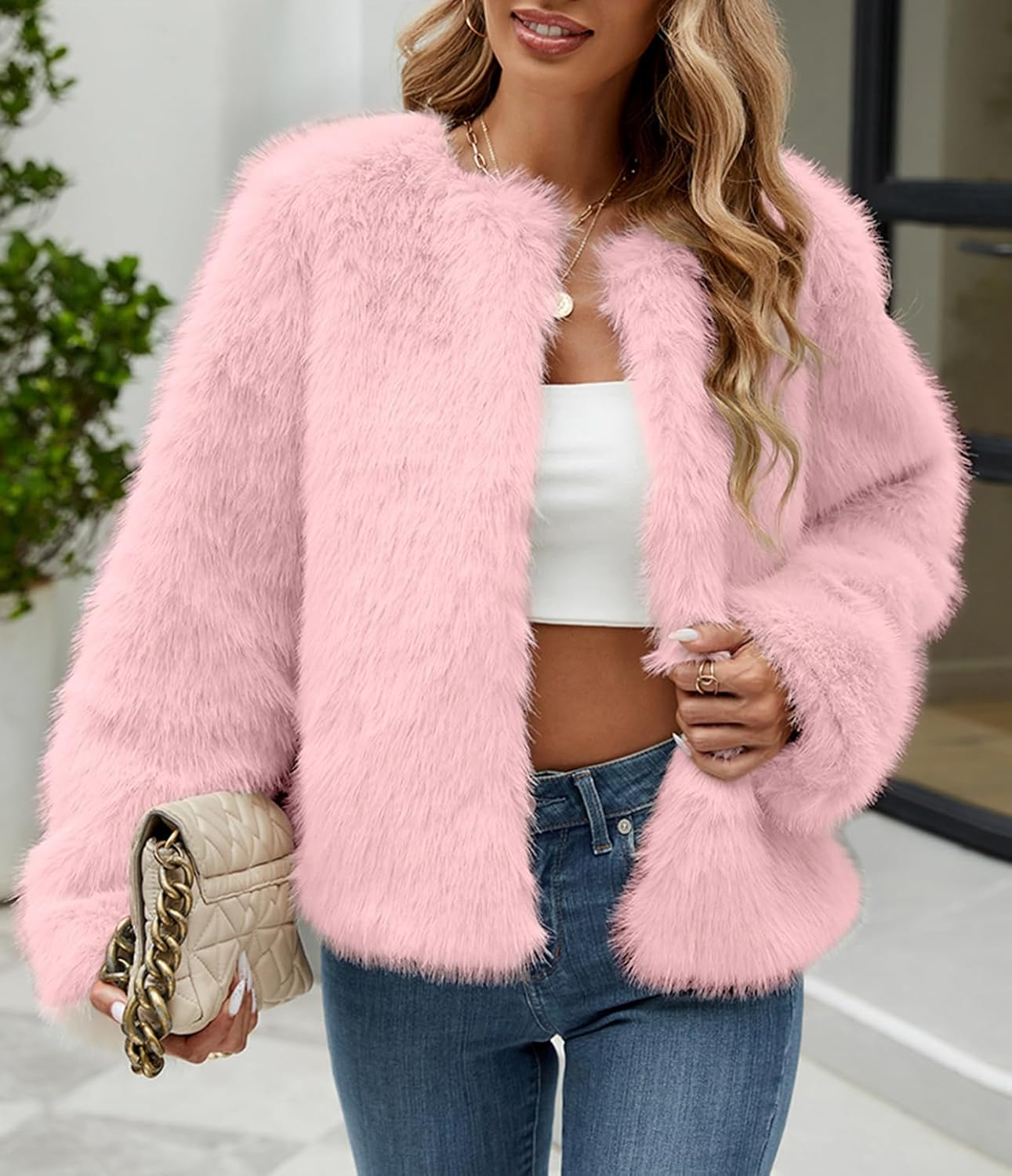 Cropped Faux Fur Jacket Coat with Hook Closure - Pink