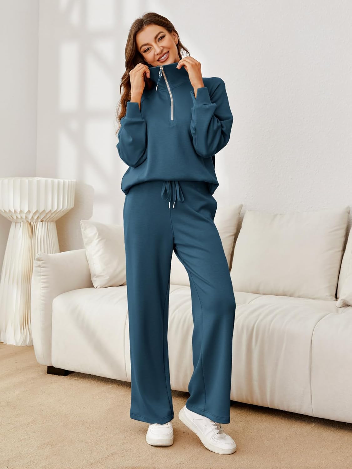 Glamaker Womens 2 Piece Outfits Sweatsuit Set Oversized Half Zip Sweatshirt Wide Leg Sweatpants Lounge Set Tracksuit
