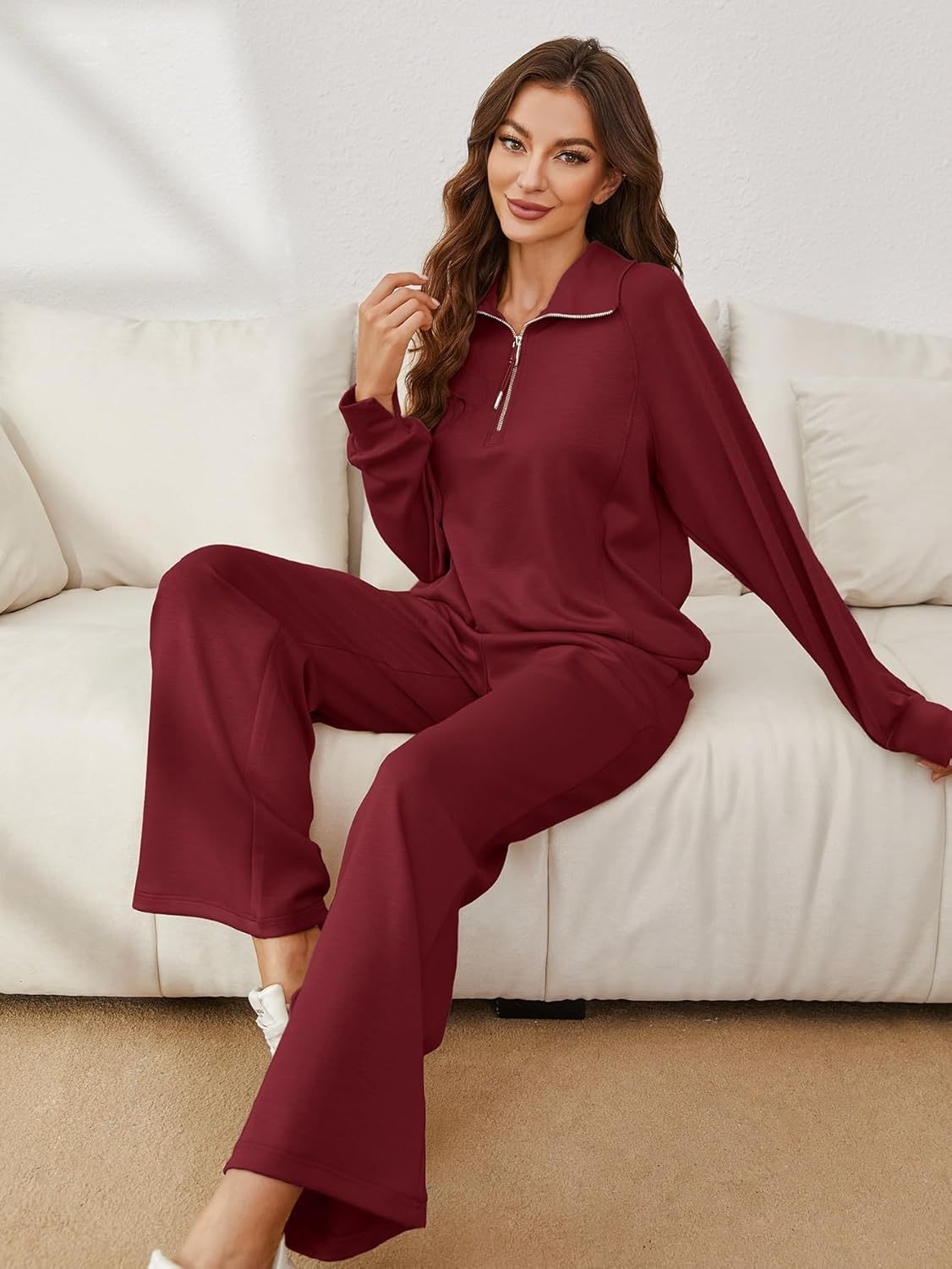 Glamaker Womens 2 Piece Outfits Sweatsuit Set Oversized Half Zip Sweatshirt Wide Leg Sweatpants Lounge Set Tracksuit