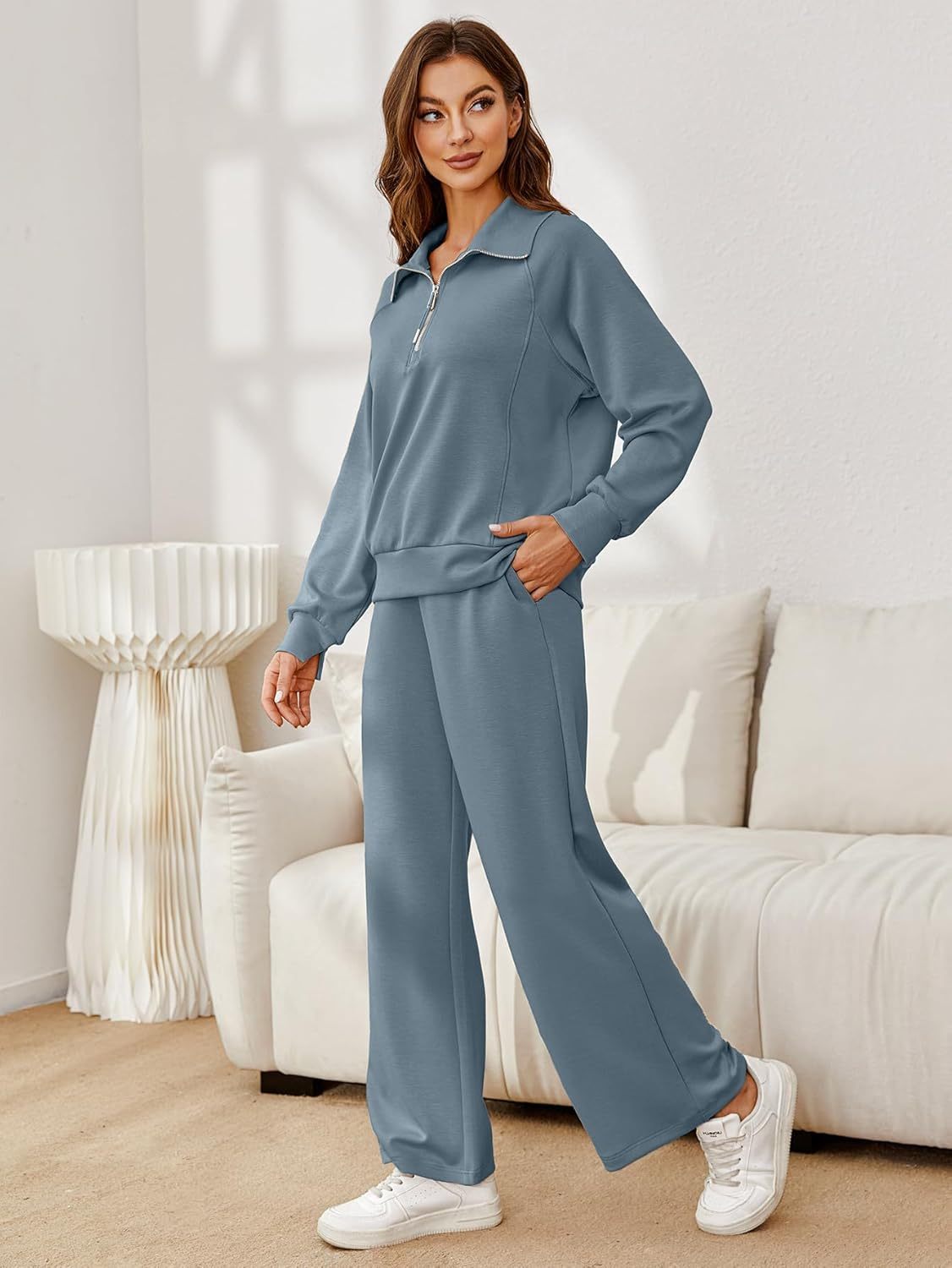 Glamaker Womens 2 Piece Outfits Sweatsuit Set Oversized Half Zip Sweatshirt Wide Leg Sweatpants Lounge Set Tracksuit