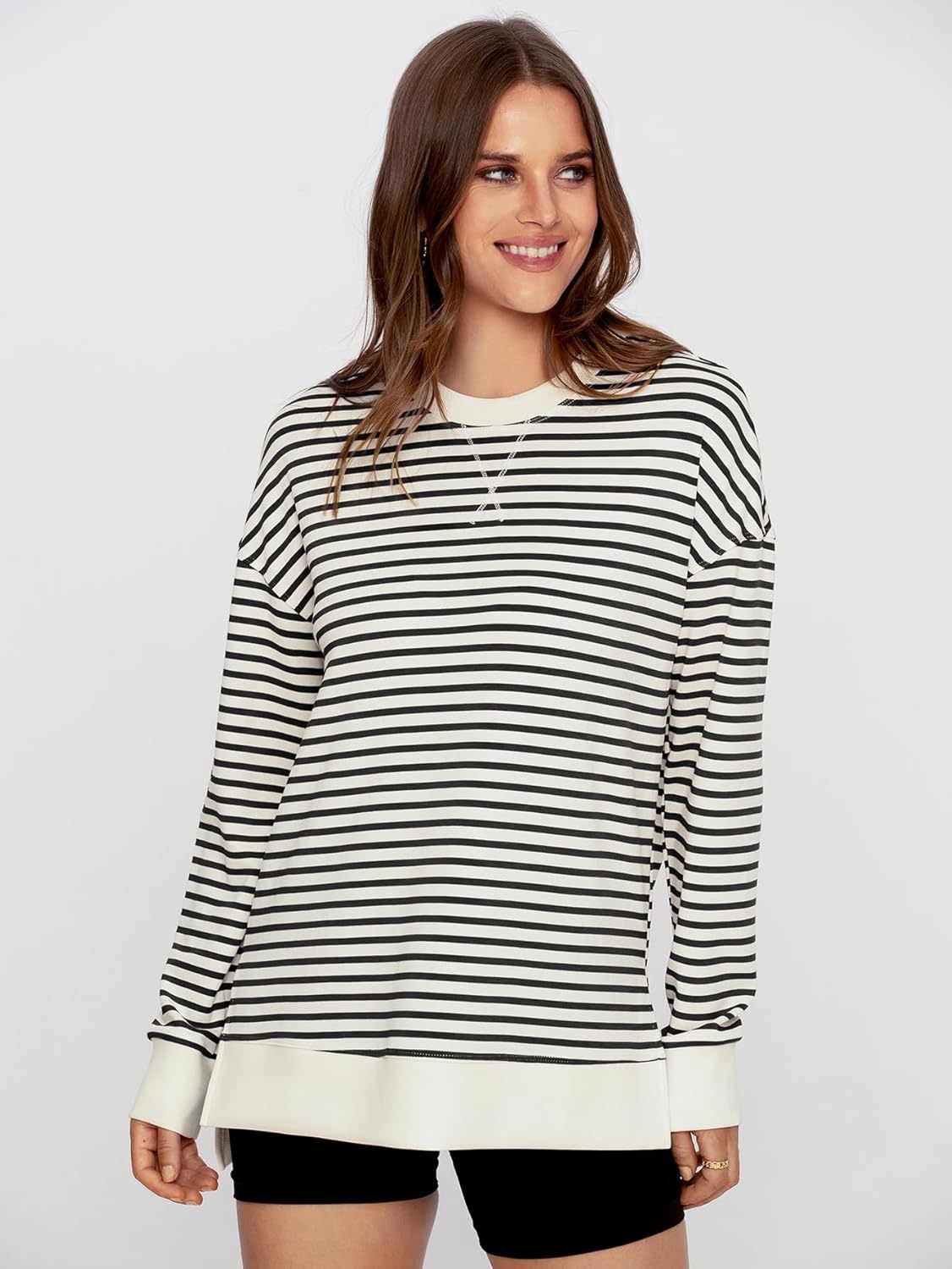 Crewneck Striped Pullover Sweatshirt - Striped-black