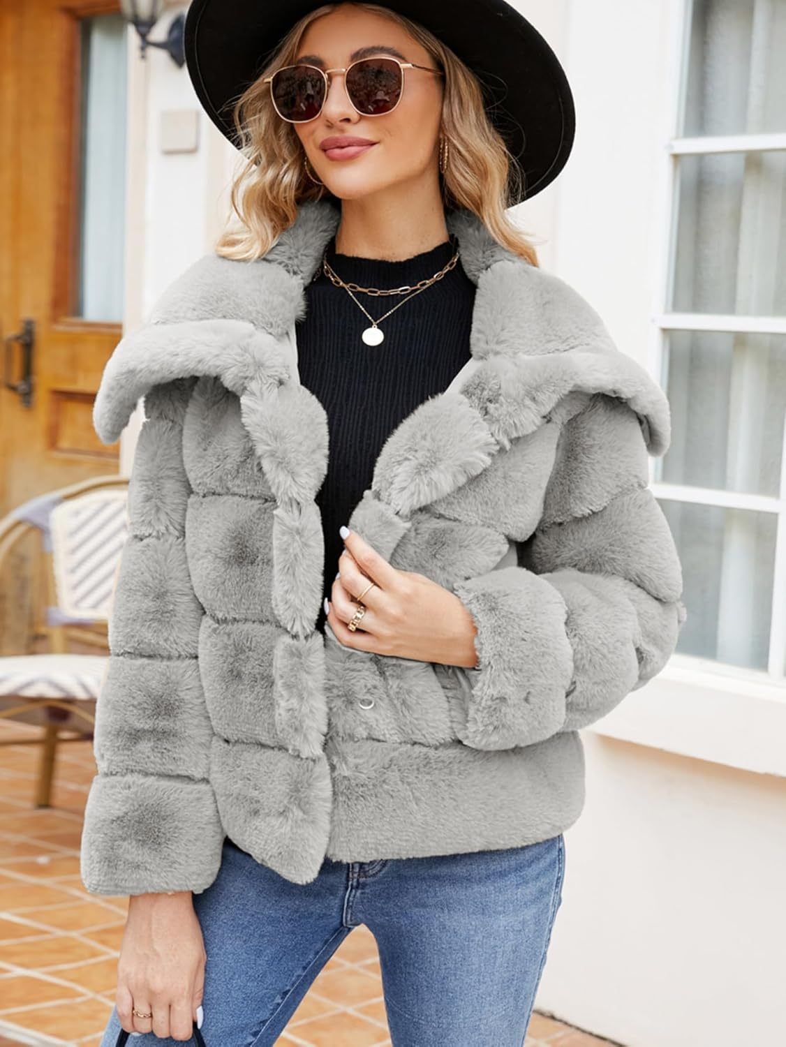 Cropped Faux Fur Winter Coat Jacket - Light Grey