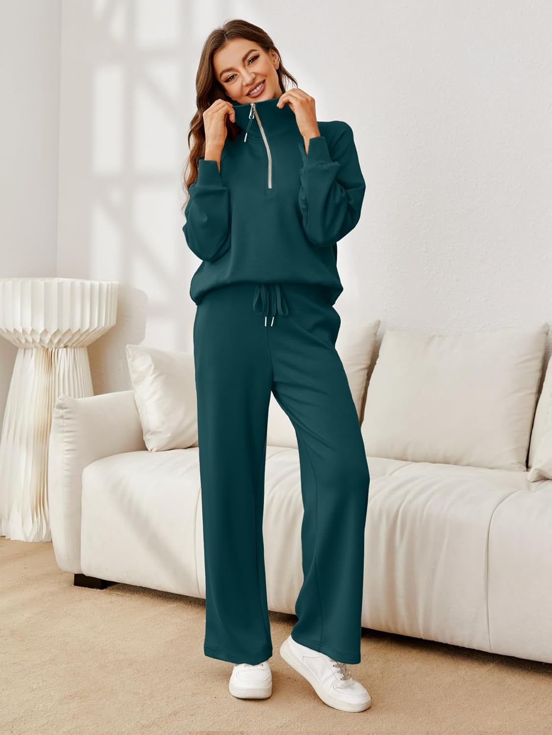Glamaker Womens 2 Piece Outfits Sweatsuit Set Oversized Half Zip Sweatshirt Wide Leg Sweatpants Lounge Set Tracksuit