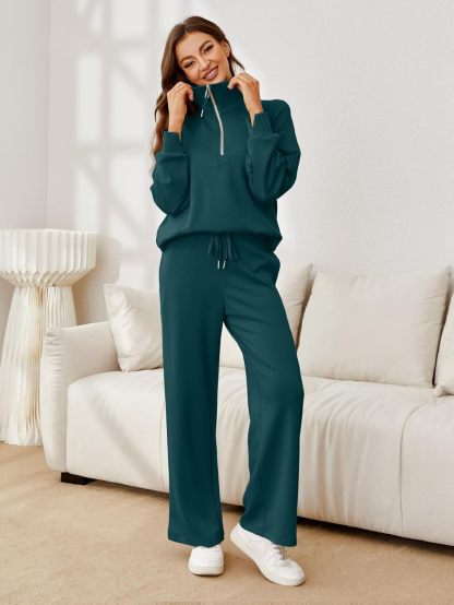 Glamaker Womens 2 Piece Outfits Sweatsuit Set Oversized Half Zip Sweatshirt Wide Leg Sweatpants Lounge Set Tracksuit