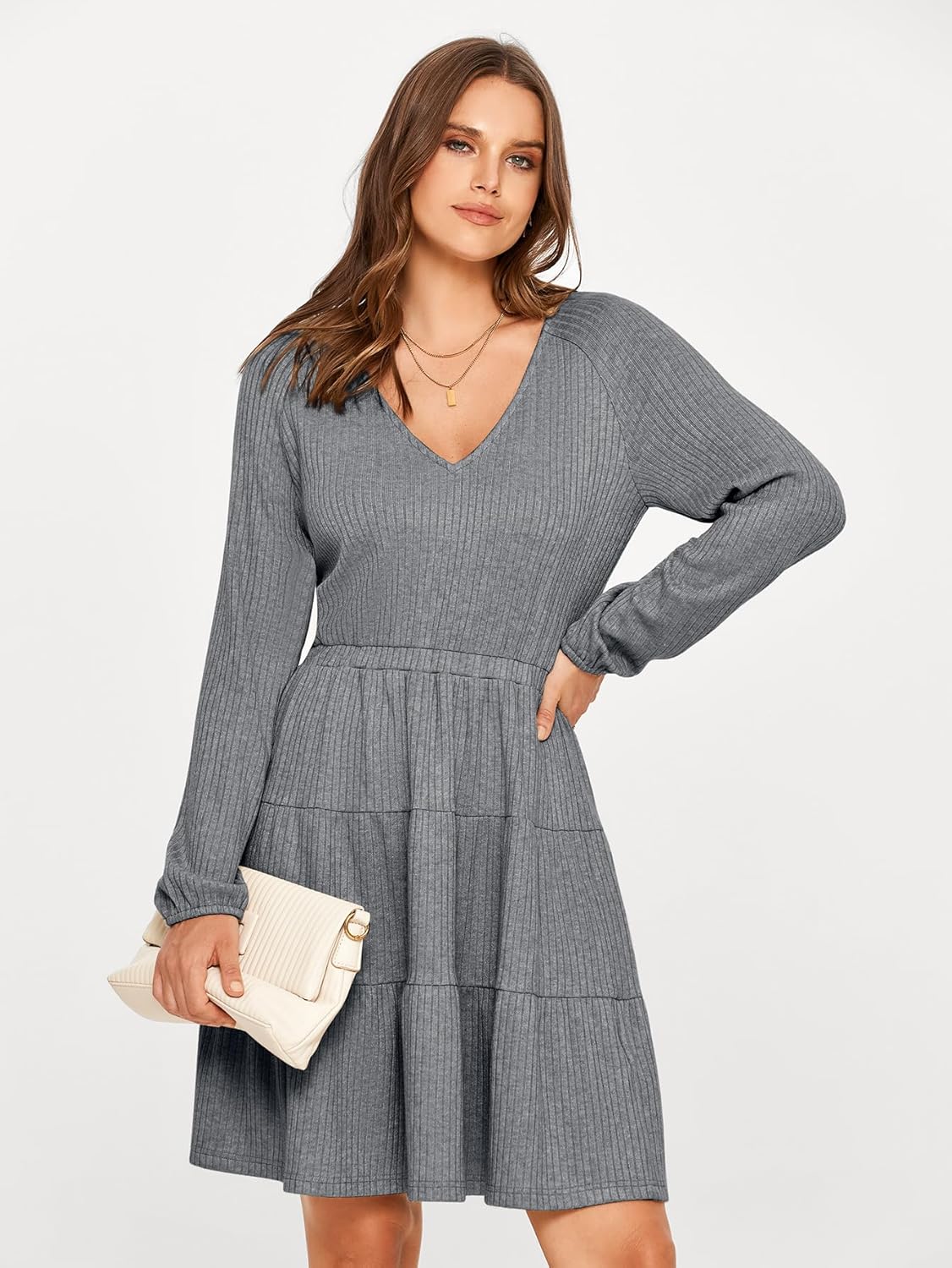 Ribbed V Neck Balloon Sleeve Mini Dress - Grey
