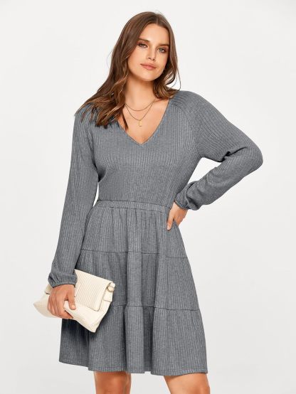 Ribbed V Neck Balloon Sleeve Mini Dress - Grey