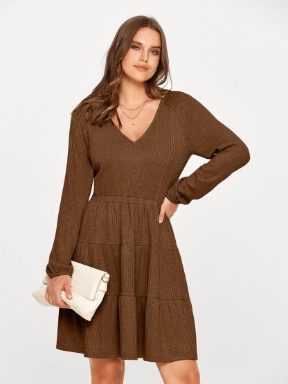 Ribbed V Neck Balloon Sleeve Mini Dress - Brown