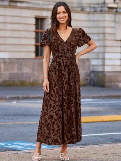 Velvet Floral Slit V-Neck Flutter Sleeve Maxi Dress - Brown