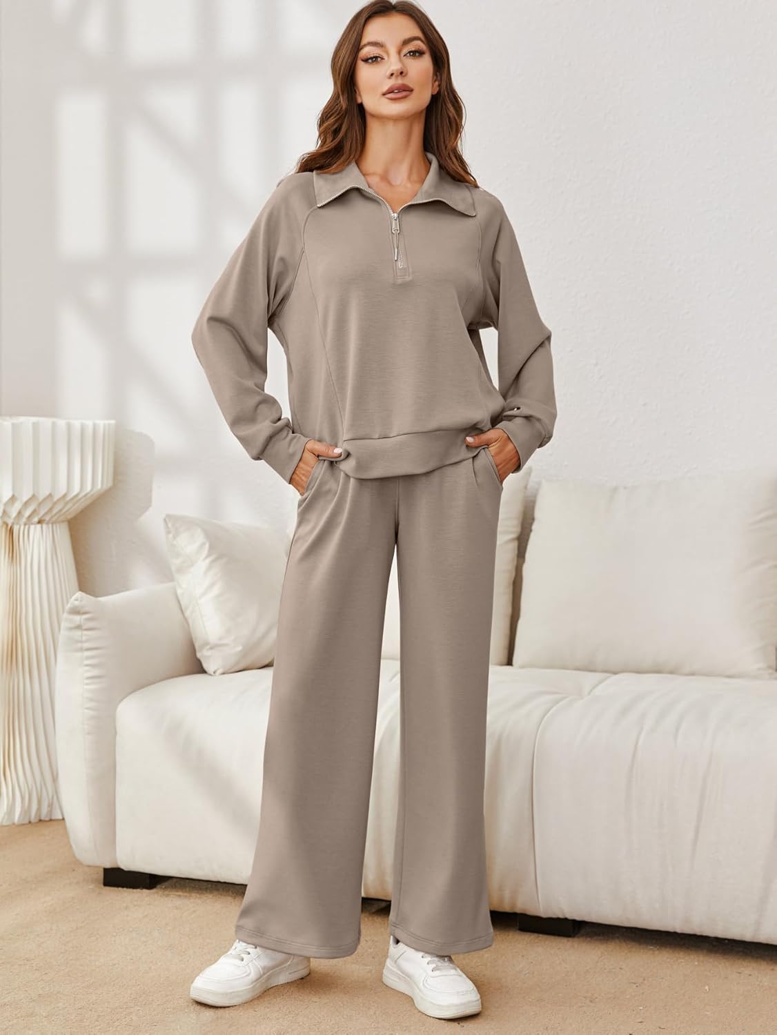 Oversized Half Zip Sweatshirt Wide Leg Pants Set - Coffee Grey