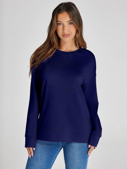 Crewneck Raglan Long Sleeve Loose Sweatshirt - Navy Blue