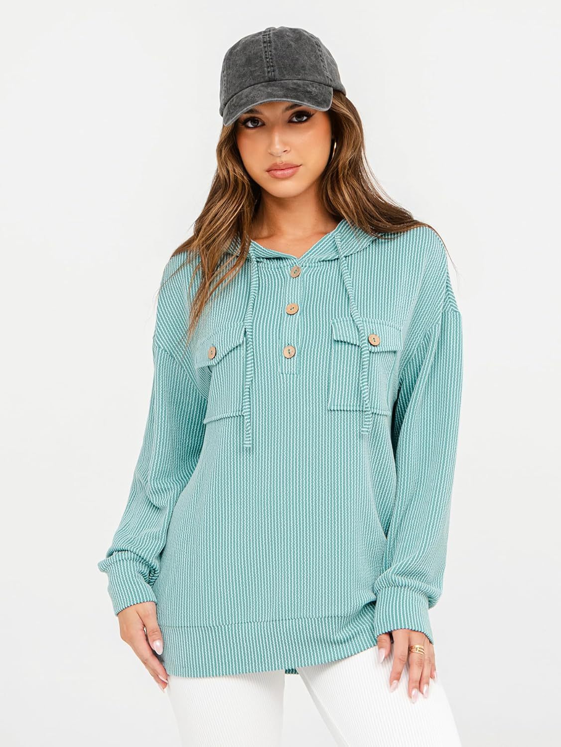 Striped Oversized Hoodie Pullover with Pocket - Lake Blue