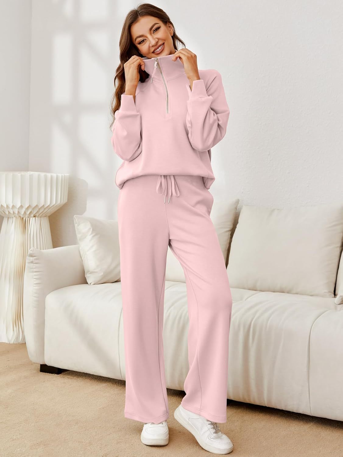 Glamaker Womens 2 Piece Outfits Sweatsuit Set Oversized Half Zip Sweatshirt Wide Leg Sweatpants Lounge Set Tracksuit