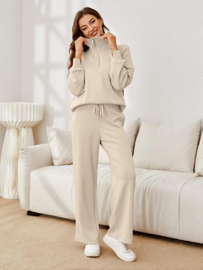 Glamaker Womens 2 Piece Outfits Sweatsuit Set Oversized Half Zip Sweatshirt Wide Leg Sweatpants Lounge Set Tracksuit